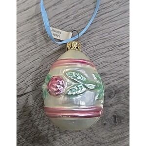 Vintage German Blown Glass White Egg w/ Flowers Christmas Ornament West Germany